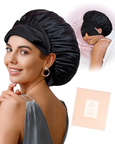 Bonnet en soie pour femme noir avec masque assorti pour cheveux bouclés