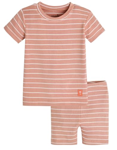 moimoln Ribbed Stripe Pajamas Viscose Snug-Fit Baby Toddler Boys Girls Sleepwear Short Blanco Camel 12-18m