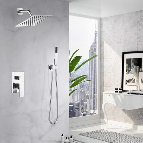 JingGang Shower System Polished Chrome Bathroom Rainfall Shower Faucet Set Complete Wall Mounted 8 Inch Shower Head and Handle Set with Rough-in Valve Body and Trim Kit by JingGang - Used condition - Image 2