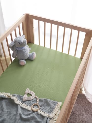 Image of TILLYOU 2 Pack Muslin Crib Sheet for Boys and Girls - 100% Cotton Fitted Crib Sheet for Toddler Standard Crib Mattress, Soft and Breathable, 52 inchx28 inch, Forest Green&Light Green
