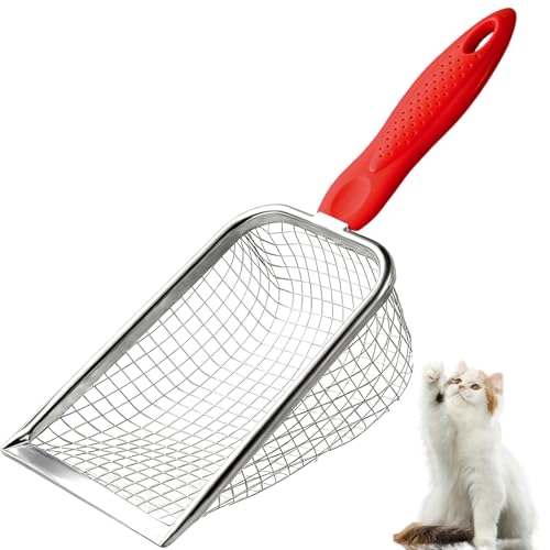 Apidgrowth Cat Litter Scoop - Long Handle Scooper, Rustproof Stainless Steel Mesh, Non-Slip Grip, Deep Shovel Sifter for All Litter Types, Easy Clean Kitty Waste Litter for Litter Box