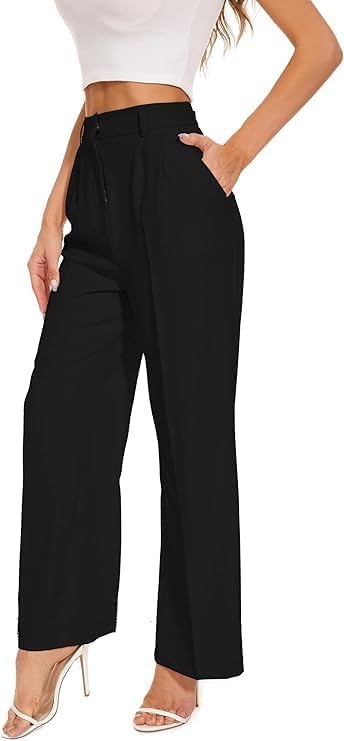 Women Classic fit Overalls with Pockets Lightweight Slacks Straight Suit Pants Black