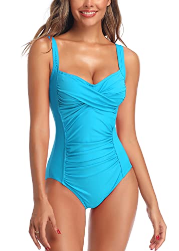 Joweechy Womens One Piece Swimsuit Tummy Control Swimming Costume Vintage Twist Ruched Swimwear Bathing Suit Capri Blue,S