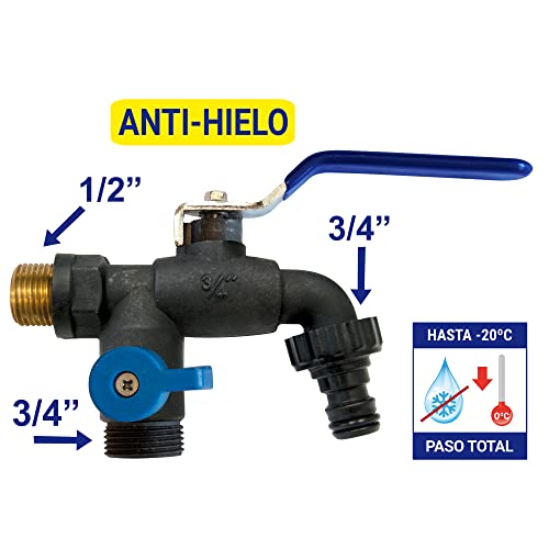 S&M 180040 Grifo de jardín antihielo con dos salidas y toma automática, Negro Y Azul