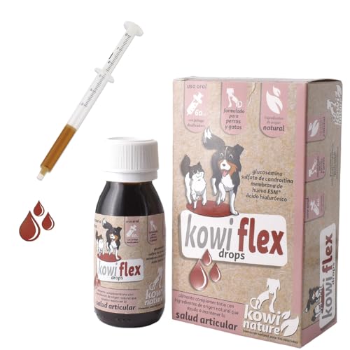 Kowi Flex Drops. Condroprotector Perros y Gatos. Complemento alimenticio. Ingredientes Naturales. con Membrana de Huevo ESM, Glucosamina, Condroitina, Ácido Hialurónico y Vitamina C. Frasco 60 ml.