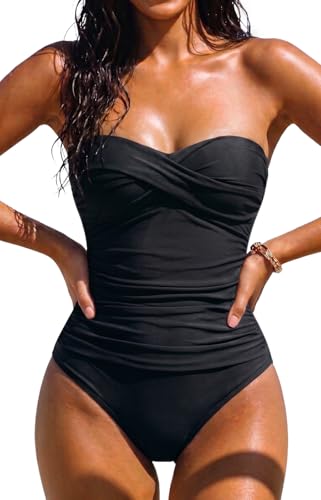 Hilor Women Tummy Control One Piece Swimsuit Push Up Bathing Suits Slimming Strapless Bandeau Swimwear Black 12