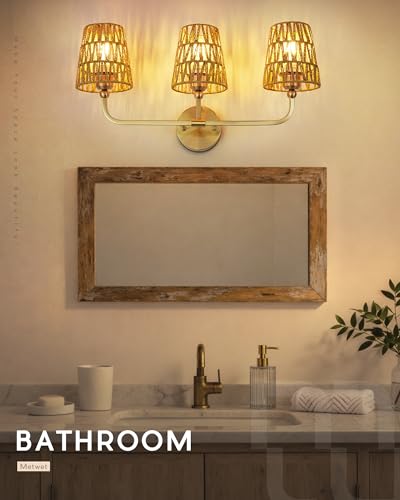 Image of 3-Light Bathroom Light Fixtures, Brushed Gold Rattan Vanity Lights with Flared Handwoven Shade, Boho Wall Sconce, Farmhouse Sconces Wall Lighting for Hallway Bedroom, VL837-BG-RA-3