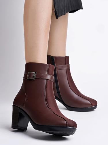 Image of Women's Faux Leather Ankle Boots with Mid Heel and Buckle Strap || Side Zipper Comfort Booties for Fall & Winter