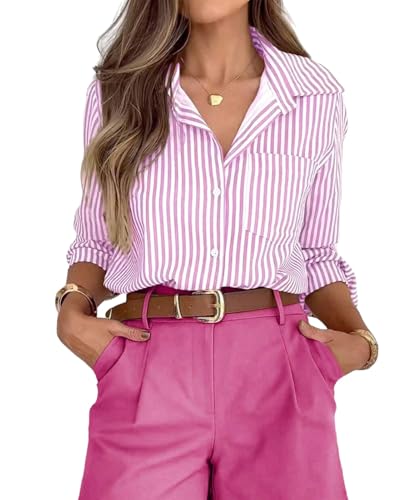 Image of MINTLIMIT Women's Striped Button Down Shirts Long Sleeve Stripes Shirt Casual Collared Blouses Tops with Pocket