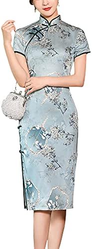 Vintage Floral Print Midi Cheongsam Qipao Dress Mandarin Collar Keyhole Short Sleeve Chinese Style Party Dress