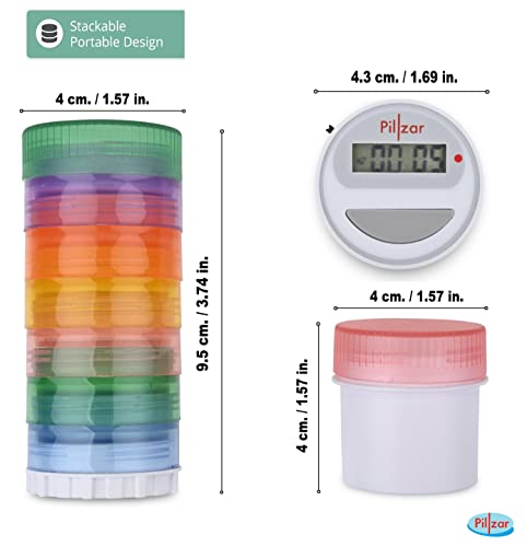 Pillzar 7-Day Stackable Pill Organizer And Timer Cap With 14 Countdown Alarm Presets. Comes With 1 Timer, 6 Small Stackable Containers, 1 Large Container, And 2 Magnetic Adapters. For Travel And Home. #TOP2