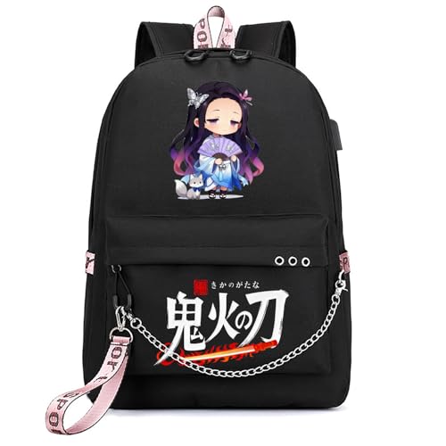 ZJYJING Anime Backpack for School Laptop Backpack with USB Port, Casual Travel Casual Daypack for Teens Girls (Black)