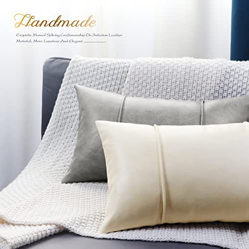 Image of BRAWARM Gray Leather Throw Pillow Covers 12 X 20 Inches - Faux Leather Lumbar Pillow Cover with Piping, Hand Stitched Leather Throw Pillow for Couch Sofa Bed Living Room Home Decorative