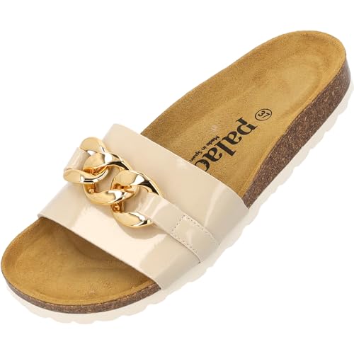 Palado Pantoletten Damen Gozo - bequeme Sandalen Made in Spain - Hausschuhe mit dämpfendem Kork-Fußbett - modische Sommerschuhe Beige Lack UK9 - EU42