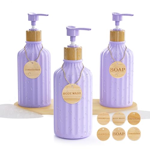 Shampoo and Conditioner Dispenser Set of 3, 16OZ Refillable Purple Shampoo and Conditioner Bottles Extra-Thick Plastic Empty Body Wash Dispenser with Pump and Tray Tags Bathroom Shower Soap Dispenser