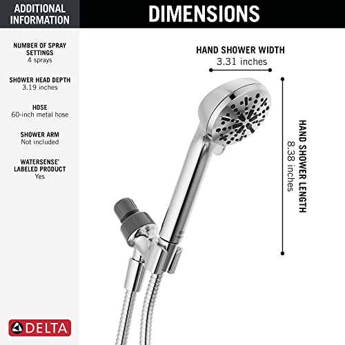 Delta Faucet 4-Spray Handheld Shower Head, Chrome Shower Head with Hose, Showerheads & Handheld Showers, Handheld Shower Heads, Detachable Shower Head, Hand Shower 1.75 GPM, Chrome 75413 by DELTA - Used condition - Image 2