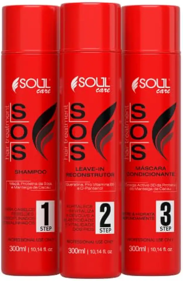 Kit SOS Tratamento Capilar Profissional Reconstrução Cauterização Antiemborrachamento Pós-Química Soul Care - Shampoo, Reconstrutor e Máscara (300mg)