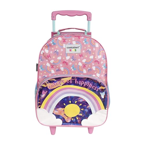 Mala Escolar Com Rodinhas, Rosa, Container Kids Arco Íris, 2 Bolsos, Alça Retrátil, Rodinhas Com Glitter, Bolso Frontal Holográfico