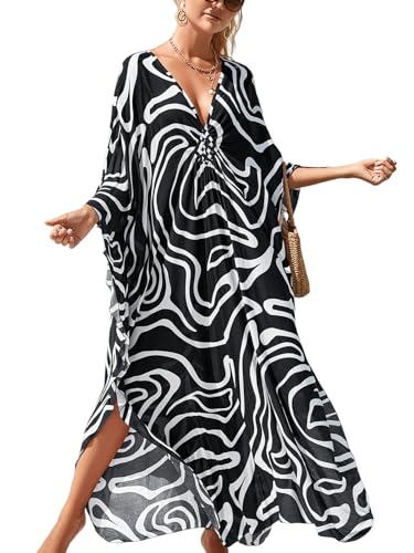Image of IMAGEKOPE Women's Plus Size Animal Print V-Neck Batwing Kaftan Beach Dress Bathing Suit Cover-Up Loungewear