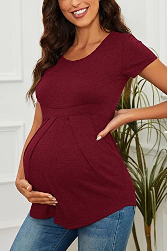 Escaco Women's Maternity Tops Short Sleeve Round Neck Front Pleat Peplum Tunic Top Pregnancy Casual T Shirts Red #TOP2