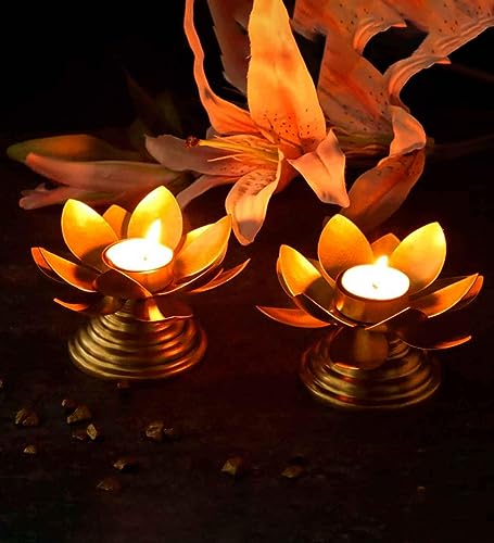 Image of Easyera Beautiful Lotus Tealight Holder Candle Stand Metal Home Decoration Festival Occasions Diwali Ga (Not Include Glass Candle) Golden Pack 6 (Pack of 6- (Golden) Mini Lotus)
