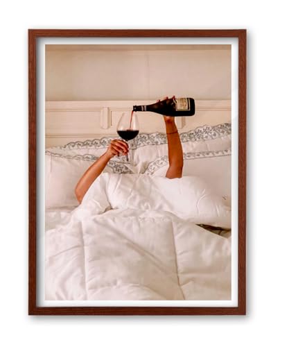 EcoHest 12x16 in Woman Drinking Wine in Bed Framed Wall Art for Bedroom