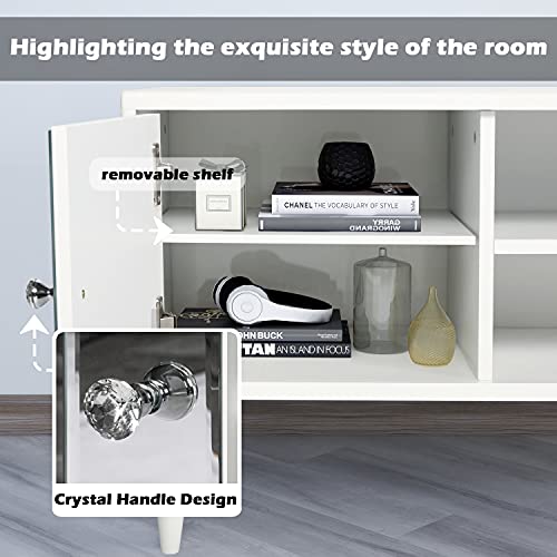 LAZZO Mirrored Modern TV Stand for TVs up to 60\",Entertainment Center Wood TV Console Media Cabinet with Storage Shelves,Television Stand with Mirror Cabinet Doors for Home Living room Bedroom (white)