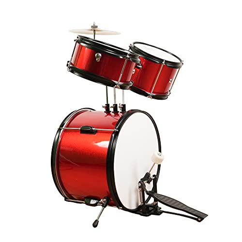 Image of Kadence BYDRMRD 3-Piece Kids Acoustic Drum Kit | 14 inch Bass Drum | Multi-Ply Wooden Shells | Includes Cymbal, Stool & Pedal | Glossy Red