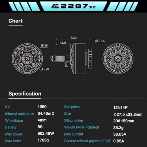 Axisflying AE2207 V2 2207 1960KV FPV Brushless Motor with 5mm Shaft for FPV Racing Drone Quadcopter