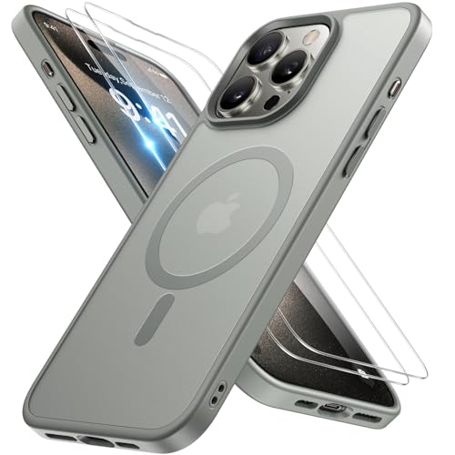 Miracase Magnetisch für iPhone 15 Pro Hülle Kompatibel Mit MagSafe[mit 2 Schutzglas] Militärnorm Schutz Anti-Fingerabdruck Schlanke Ausführung Handyhülle für iPhone 15 Pro 6,1 Zoll, Titan Natur