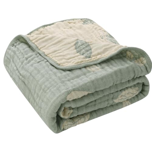 Image of Botanical Muslin Baby Blanket - Made with Organic Cotton, Sage Green Leaf Jacquard for Gender Neutral Nursery, Baby Registry Gift, 43x43 Inches (Terra Sage Green)