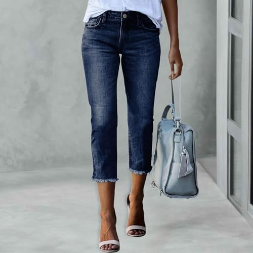 Women's High Waisted Denim Capris Stretchy Straight Leg Cropped Jeans with Raw Hem Casual Pants2