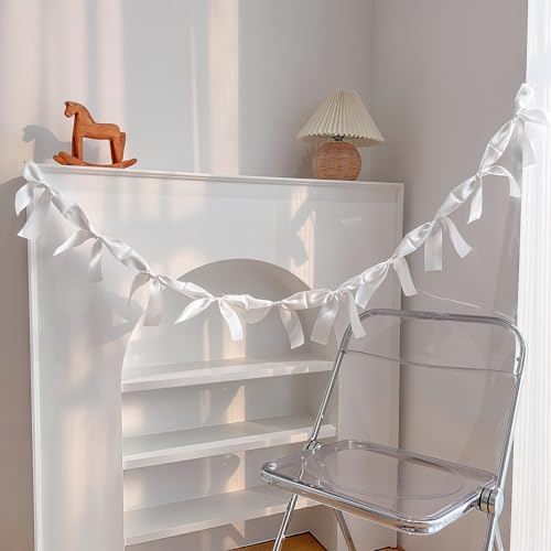 Image of Pre-Assembled White Bow Garland - 6ft Elegant Church Wedding Decor, Baby Shower Banner & Bridal Shower Backdrop, Thick Satin No DIY Needed! Baby Room Bed Decor (White, 6ft)
