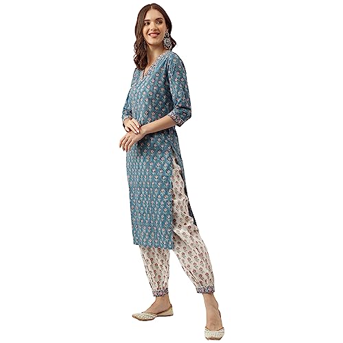 Image of Divena blue Floral Printed Cotton Embroidered kurta, Trouser with Dupatta