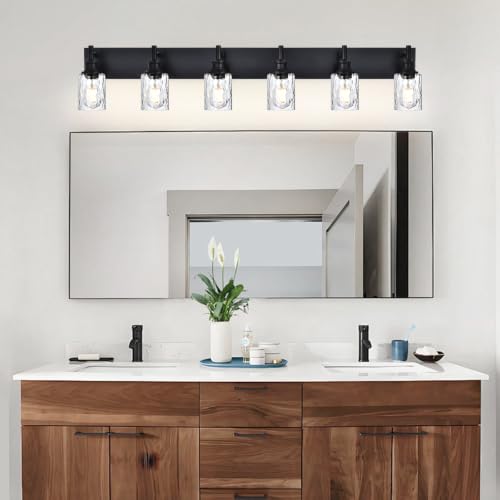 Image of 6 Light Bathroom Vanity Lights, Black Finish, Hammered Glass Shade | Modern Bathroom Wall Sconce Above Mirror, Dimmable Bath Wall Lighting Fixtures, E26 Socket, for Bedroom, Living Room, Kitchen