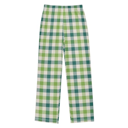Green Plaid Pattern Boys Long Pants Soft Trousers Elastic Waist Kids Lounge Bottoms with Pockets S-XL