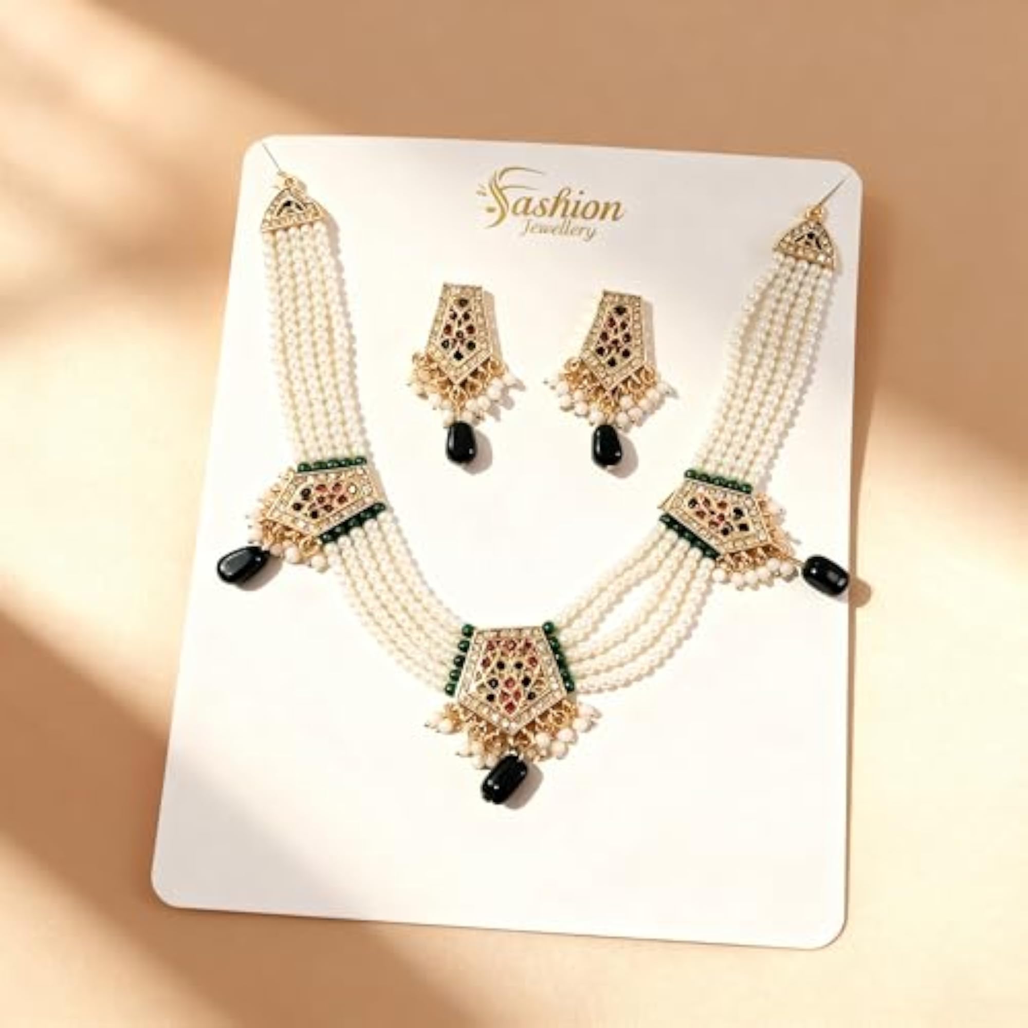 Women's Pearl Choker Necklace and Earrings Set with Green Stone Accents