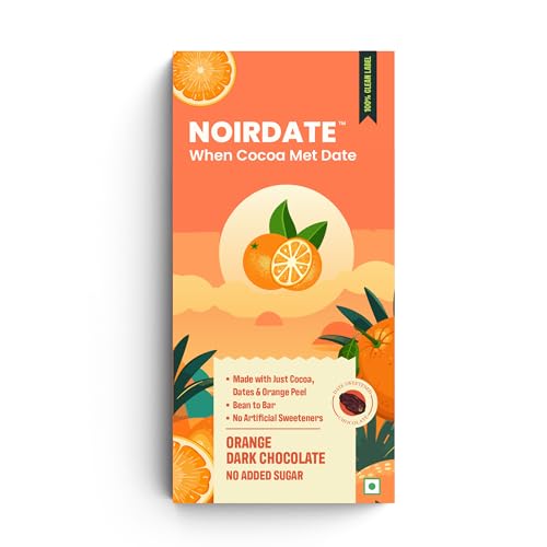 Image of NoirDate Orange Dark Chocolate - 75g, Bean to Bar, Sweetened with Dates, Refined Sugar Free, Clean Label, Healthy & Tasty Indulgence, Vegan, Gluten-Free, Antioxidant Rich (Pack of 1)