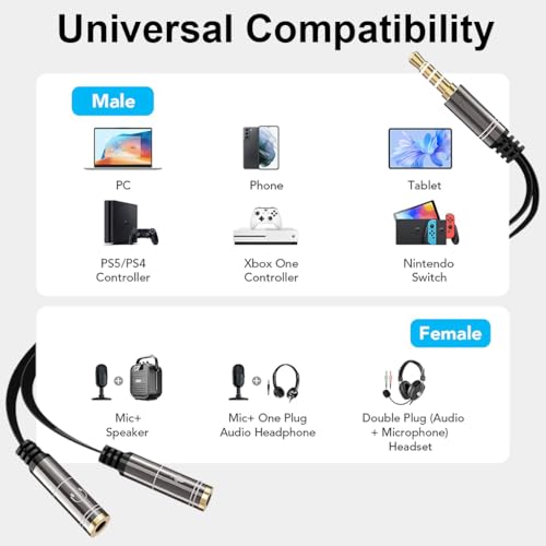 Image of ZORBES Headset Splitter 3.5mm Headphone Mic Splitter Cable for Headset with Separate Stereo Audio and Microphone Jacks Y Splitter Cable Male to Female Compatible with Smartphone Tablet Laptop