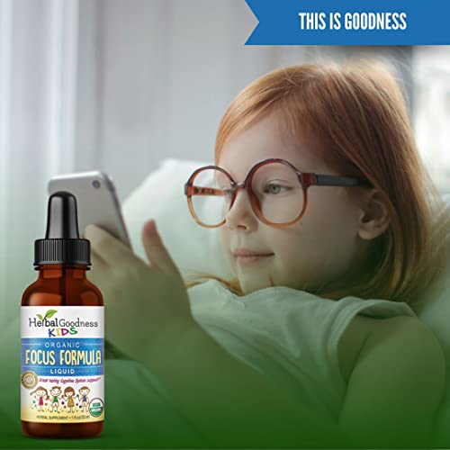 Kids Focus and Attention Ashwagandha Formula - Brain Supplements with Moringa for Genius, Focus Liquid Drops & Vitamins for Kids, Non-GMO, USDA Organic, 1 Fl. Oz by Herbal Goodness
