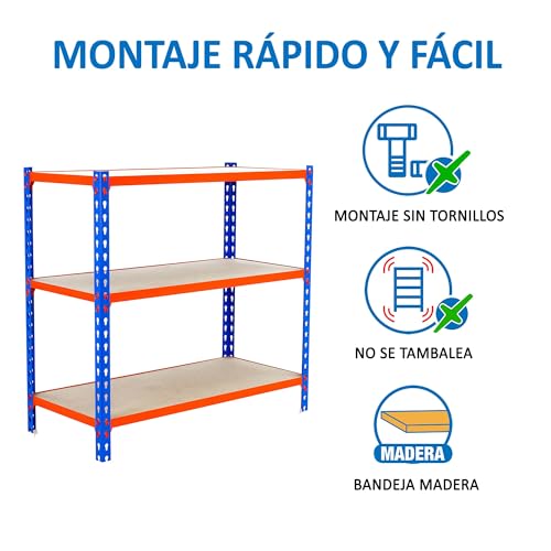 Simonrack Schwerlastregal, Lagerregal, 100x110x50 cm, Metallregal, Kellerregal, Biegestelle 200 kg, 3 Holzfachböden, Blau/Orange/Holz - Maderclick