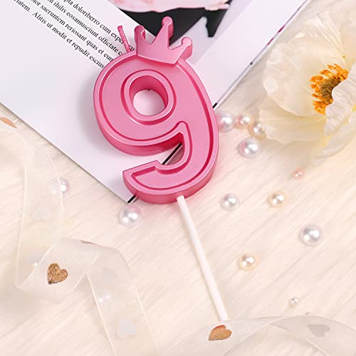 3 Inch Birthday Number Candle, 3D Number Candle With Crown Decor Large Cake Topper Number Candles For Birthday Cakes Wedding Anniversary Graduation Festival Party (Pink, 9) #TOP2