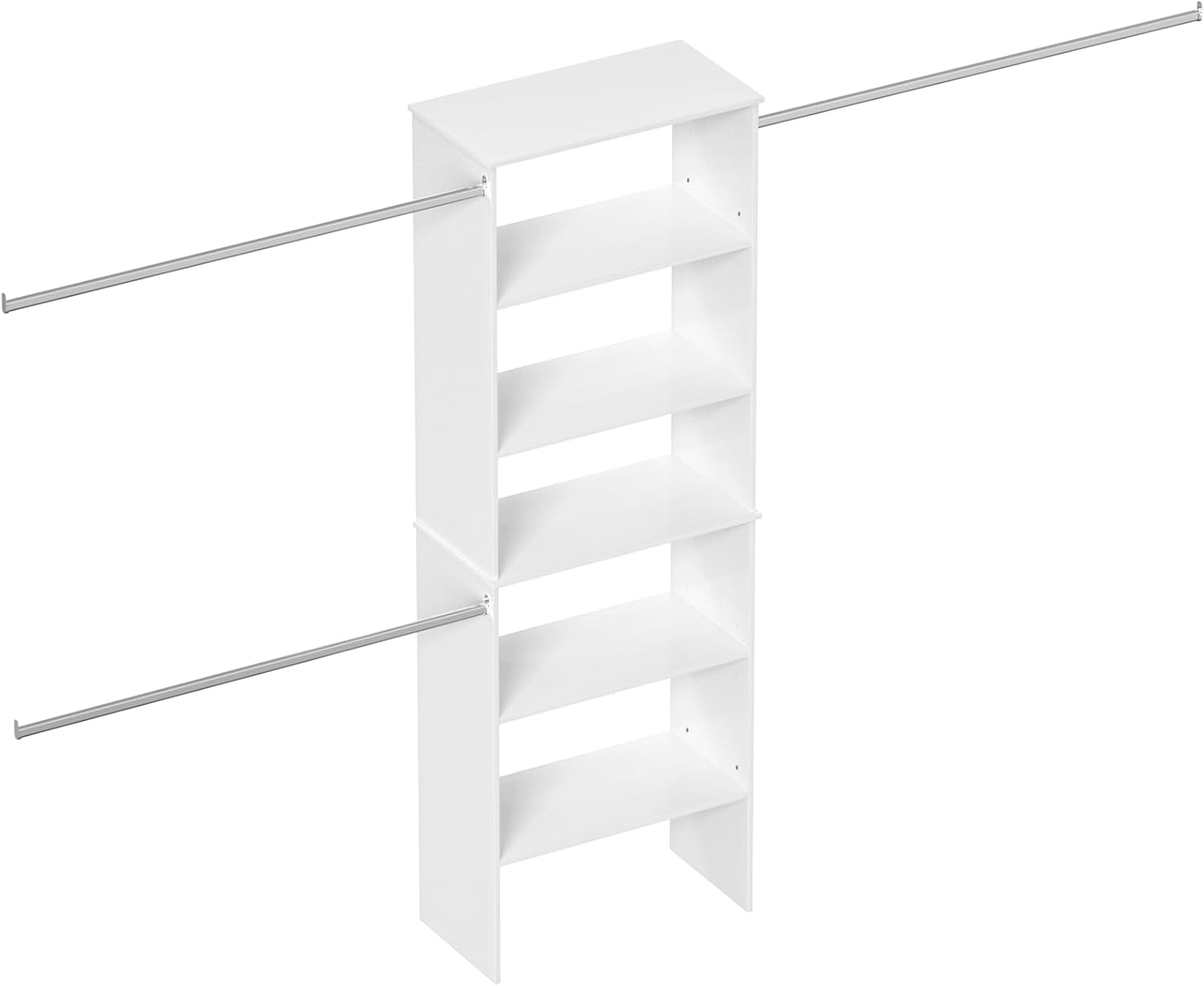 ROOMTEC Closet System, 25.5" Wide Wall-Mounted Closet Organizer Kit with Wood Storage Tower and 3 Hanging Rods, Wardrobe Closet System for Walk-In Closets, White
