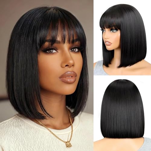 Xinjiju Bob Bangs Human Hair Wig Silky Straight Glueless Wigs
