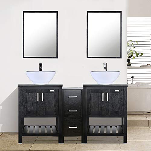 Eclife 60” Bathroom Vanity Sink Combo Black W/Side Cabinet Modern Stand W/Round White Ceramic Vessel Sink, Chrome Bathroom Solid Brass Faucet And Pop Up Drain Combo, W/Mirror (A06 2B06) #TOP1