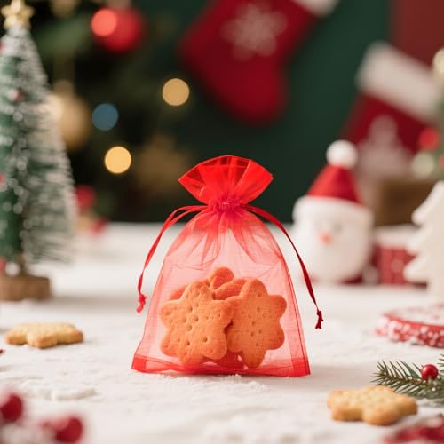 Image of joycraft 50Pcs Hot Red Organza Bags - 2.7x3.5 In Sheer Holiday Drawstring Mesh Pouch, Small Party Favor Bags for Halloween, Christmas, Small Business, Jewelry Diaplay