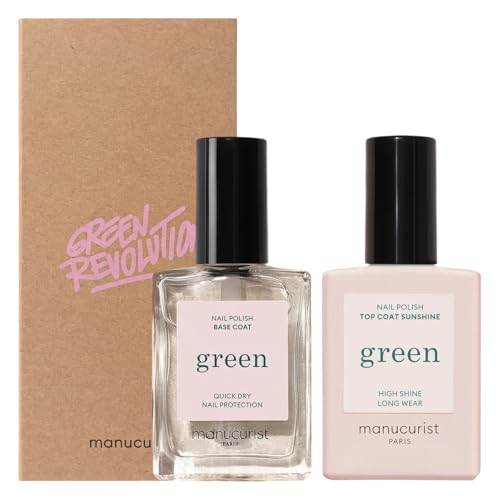 Manucurist Duo Base e Top Coat – Green Base Coat (78,5% bio-based) e Sunshine Top Coat Vegan (69% bio-based) – Protezione, brillantezza e lunga tenuta – 2×15 ml