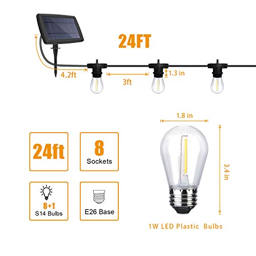 YVETTE LED Solar Outdoor String Lights Waterproof, 24FT LED Patio Lights, 8×E26 Hanging Sockets and 9×1W Vintage Edison Bulbs(A Spare), 2700K Warm White for Wedding Porch Party