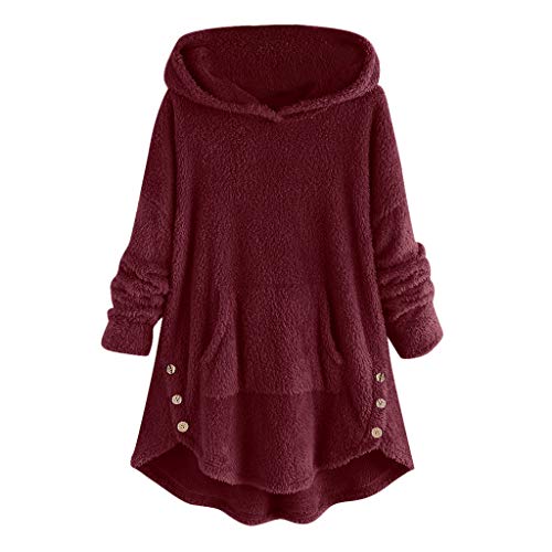 Lazzboy Tops Womens Pullover Hooded Teddy Fleece Flannel Solid Casual Loose Irregular Hem Pajamas Shirt Jumper Sweatshirt Plus Size Blouse Coat (UK 20,Red)