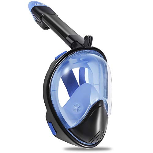 Vaincre 180° Full Face Snorkel Mask Panoramic View Anti-Fog,Anti-Leak Snorkeling Design with Adjustable Head Straps-See Larger Viewing Area Than Traditional Masks for Adults Youth (Black/Blue S/M)